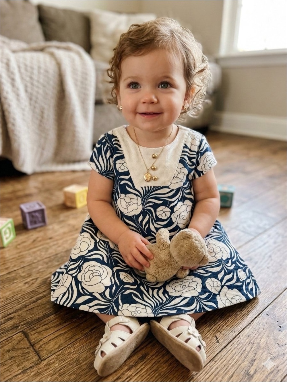 Janie and Jack Parisian Chic Navy White Blue Rose Floral Coquette Dress 12-18M